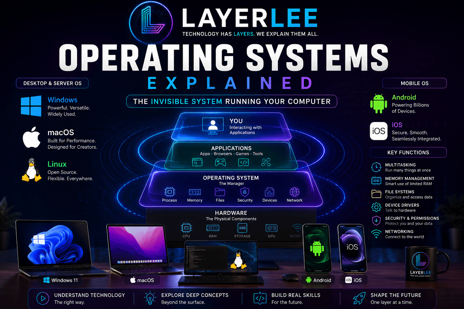 LayerLee illustration comparing major operating systems including Windows, macOS, Linux, ChromeOS, Android, iOS, UNIX and BSD
